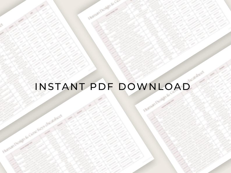 May include: Four printable PDF pages with the text "Human Design & Gene Keys Workbook" and "Human Design & Gene Keys" at the top of each page. The pages are filled with a grid of text.