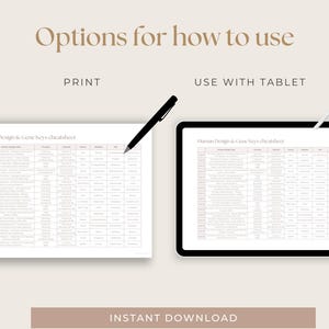 May include: A digital download of a Human Design & Gene Keys cheat sheet. The image shows two options for using the cheat sheet: printing it out or using it on a tablet. The cheat sheet is a table with rows and columns of text.