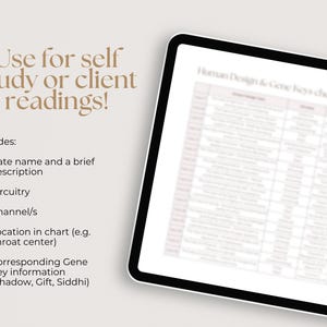 May include: A digital tablet displaying a Human Design & Gene Keys cheat sheet. The cheat sheet is a grid with rows and columns of text. The text is in a light gray color and is difficult to read. The tablet is on a white surface.