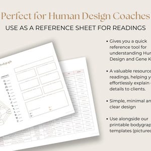 May include: Printable Human Design reference sheet for coaches. Includes a bodygraph diagram and a table with details about each energy center.  Use as a tool for readings.