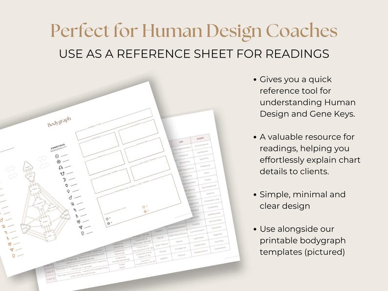 May include: Printable Human Design reference sheet for coaches. Includes a bodygraph diagram and a table with details about each energy center.  Use as a tool for readings.