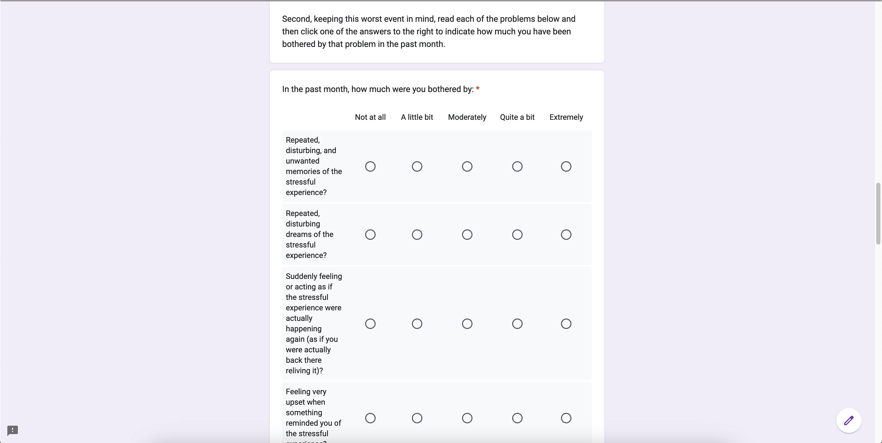 PTSD Checklist for DSM-5 (PCL-5) Google Form With Scoring and ...