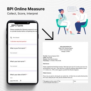 May include: An illustration showing a smartphone displaying a form labeled "_BPI Form" for online pain measurement. The image includes a measure results document and a graphic of two people in a consultation. Text includes "BPI Online Measure Collect, Score, Interpret."