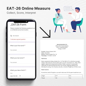 Könnte beinhalten: Eine Illustration, die die EAT-26 Online-Messung bewirbt. Das Bild zeigt ein Smartphone mit einem Formular, einem Ergebnisblatt und zwei Personen in einer Beratung. Der Text enthält "Sammeln, bewerten, interpretieren" und "Messergebnisse".