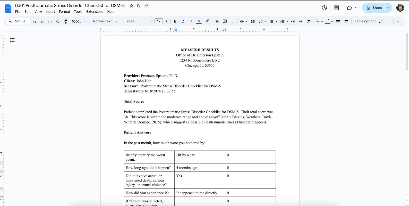 PTSD Checklist for DSM-5 (PCL-5) Google Form With Scoring and ...