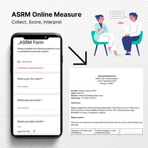 Könnte beinhalten: Eine Illustration, die ein Smartphone mit einem Online-Formular, einem gedruckten Messergebnis und zwei Personen in einer Beratung zeigt. Der Text lautet "ASRM Online Measure Collect, Score, Interpret". Das Formular fragt nach persönlichen Daten.