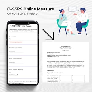 May include: A screenshot of a mobile phone displaying a suicide risk assessment questionnaire. The questionnaire asks questions about suicidal thoughts and behaviors. The screen also shows the results of the assessment, indicating that the patient is at high risk for suicide.