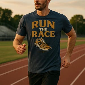 May include: Navy blue t-shirt with the text "RUN THE RACE" in gold lettering and a gold shoe graphic. The shirt is worn by a person running on a track, wearing black shorts.