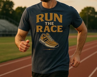 Run the Race Christian Shirt – Hebrews 12:1 – Retro Sneaker Faith Tee for Men & Women – Inspirational Bible Verse Workout Shirt