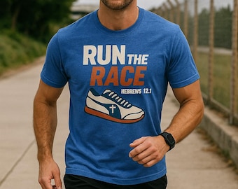 Run the Race Christian Shirt – Hebrews 12:1 – Retro Sneaker Faith Tee for Men & Women – Inspirational Bible Verse Workout Shirt