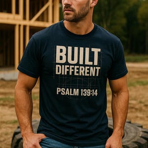 Könnte beinhalten: Marineblaues T-Shirt mit dem Text "BUILT DIFFERENT" und "PSALM 139:14" in weißer, blockiger Schrift. Das Shirt wird mit blauen Jeans getragen. Im Hintergrund sind ein Holzgerüst und ein großer Reifen zu sehen.