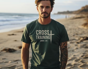 Camiseta cristiana de entrenamiento cruzado – Versículo bíblico de Juan 3:16 – Camiseta de gimnasio – Camiseta de fe y fitness para hombre, camiseta unisex de manga corta