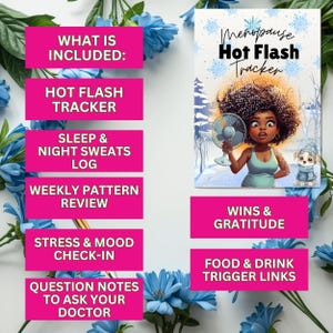 Könnte beinhalten: Ein rosa-weißes Journal mit dem Titel "Menopause Hot Flash Tracker" mit einer Cartoon-Illustration einer Frau, die einen Ventilator hält. Das Journal enthält Abschnitte zur Verfolgung von Hitzewallungen, Schlaf, wöchentlichen Mustern, Stress und Nahrungsmittelauslösern.