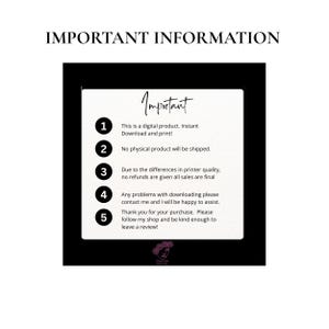 May include: A digital product announcement with the title "Important Information" at the top. The image contains a white rectangle with the word "Important" and numbered points about the product, including digital download and no refunds.