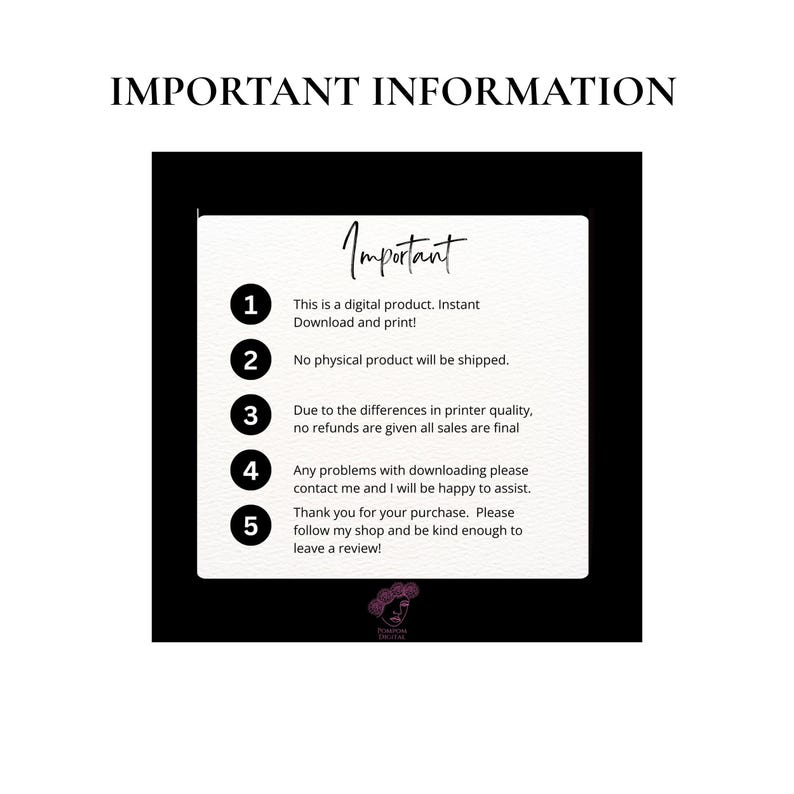 May include: A digital product announcement with the title "Important Information" at the top. The image contains a white rectangle with the word "Important" and numbered points about the product, including digital download and no refunds.
