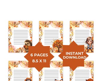 Jesienne artykuły papiernicze z motywem lasu | Wzór z lisem, jeżem i wiewiórką (PDF)