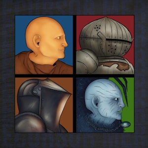 Puede incluir: Ilustración de cuatro paneles con retratos de personajes. Arriba a la izquierda, un hombre calvo con túnicas marrones sobre un fondo azul. Arriba a la derecha, un caballero con armadura plateada sobre un fondo rojo.