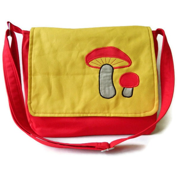 ON SALE!- Red and Yellow Retro Mushroom Courier Bag with Adjustable Strap