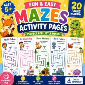以下が含まれることがあります： 5歳以上向けの「Fun & Easy Mazes Activity Pages」と題されたデジタルアクティビティブックの表紙。20ページ収録。キツネと恐竜のイラストが描かれ、熱気球やロボット工場などのテーマを持つ5つの迷路ゲームパネルが配置されています。