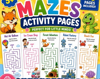 Puede incluir: Una portada de libro de actividades digital titulada Fun & Easy Mazes Activity Pages con 20 páginas incluidas para mayores de 5 años. Incluye ilustraciones de un zorro y un dinosaurio, y cinco laberintos con diversos temas.