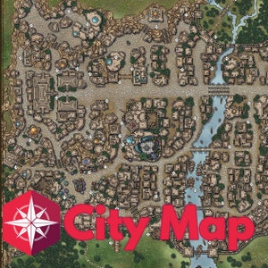 May include: Detailed city map illustration with a compass rose logo and the words "City Map" in red. The map depicts a sprawling urban landscape with buildings, waterways, and bridges, rendered in a detailed, artistic style. The color palette is primarily earth tones.