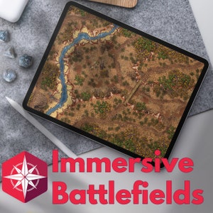 May include: A digital tablet displays a detailed, colorful map of a landscape with a river, trees, and pathways. The text "Immersive Battlefields" is displayed in red. Dice and a stylus are also visible.
