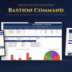 May include: A digital product titled "Bastion Command" for D&D 5e, displayed on a laptop and two tablets. The screens show spreadsheets with data, charts, and the text "Bastion Command" in gold lettering. The background is a dark blue gradient.