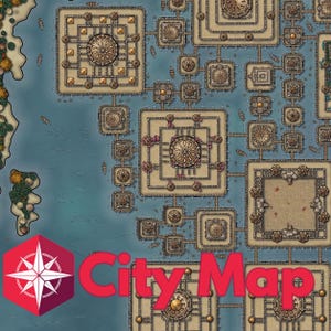 May include: A detailed fantasy city map with a nautical theme. The map features intricate architectural designs, waterways, and a compass rose logo. The text "City Map" is prominently displayed in red. The color palette includes shades of blue, beige, and gold.