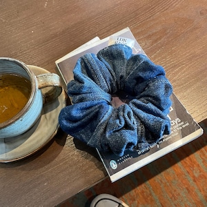 Peut inclure: Un chouchou en jean bleu sur un livre avec le texte "MODERN CLASSICS" et "ays of an art tarth Los Angeles 1e to the Times" sur la couverture.