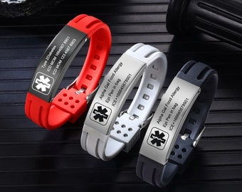 Bracelet médical de sport personnalisé en silicone, bracelet d'identification d'alerte gravé, bracelet de sport pour patients épileptiques, diabétiques et atteints de démence