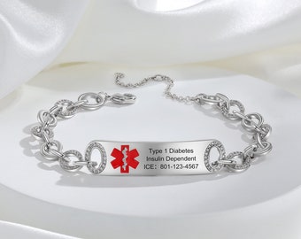 Pulsera personalizada de identificación médica para mujeres, pulsera de identificación de alerta de emergencia grabada en la parte delantera y trasera personalizada, pulsera de alergia / joyería médica para ella