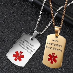 Collier médical personnalisé, étiquette d'identification d'alerte gravée - Collier personnalisé pour le diabète, collier gravé contre les allergies, cadeaux pour lui