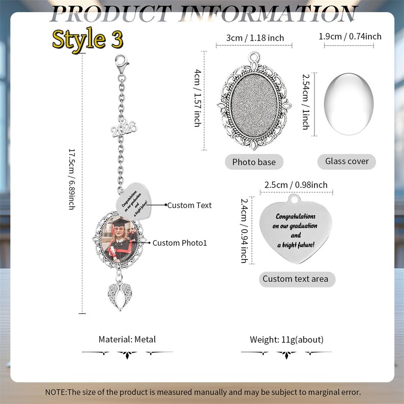 May include: A silver metal graduation photo charm with a photo base, glass cover, and heart-shaped charm. The charm includes the text "Congratulations on our graduation and a bright future!" and measures 6.89 inches in length.