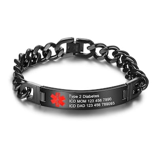 May include: Black medical alert bracelet with a chain link band and a rectangular tag. The tag has a red medical symbol and the text "Type 2 Diabetes, ICD MOM 123 456 7890, ICD DAD 123 456 789093".