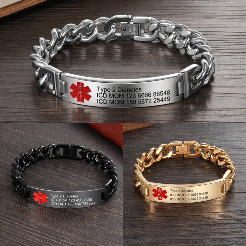 May include: Three silver, black, and gold medical alert bracelets with a red medical symbol and the text "Type 2 Diabetes" and medical information.