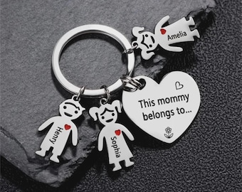 Porte-clés personnalisé prénoms d'enfants, cadeau de Noël pour maman, porte-clés avec breloque enfant, cette maman appartient à... Porte-clés, cadeau fête des mères, cadeaux pour maman