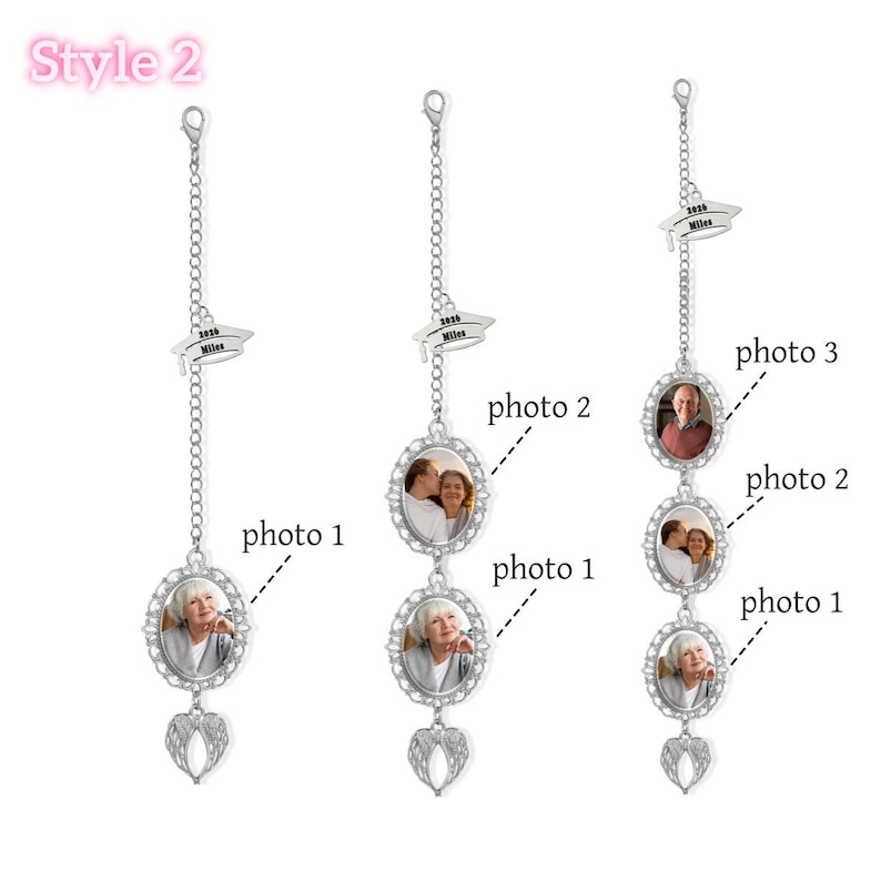 May include: Three silver-colored photo car charms with oval frames and angel wing pendants. Each charm has a chain and a graduation cap charm with the text "2020 Miles". The charms hold multiple photos.