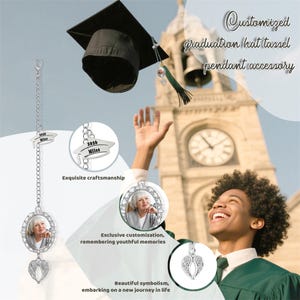 May include: A customized graduation hat tassel pendant accessory. The silver pendant features a photo, angel wings, and a graduation cap charm with "2026 Miles" engraved. The image includes the text "Exquisite craftsmanship" and "remembering youthful memories."