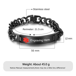 May include: Black stainless steel medical ID bracelet with a red medical symbol and the text "Engraving Here". The bracelet is 21.5 cm in circumference and weighs 45 grams.