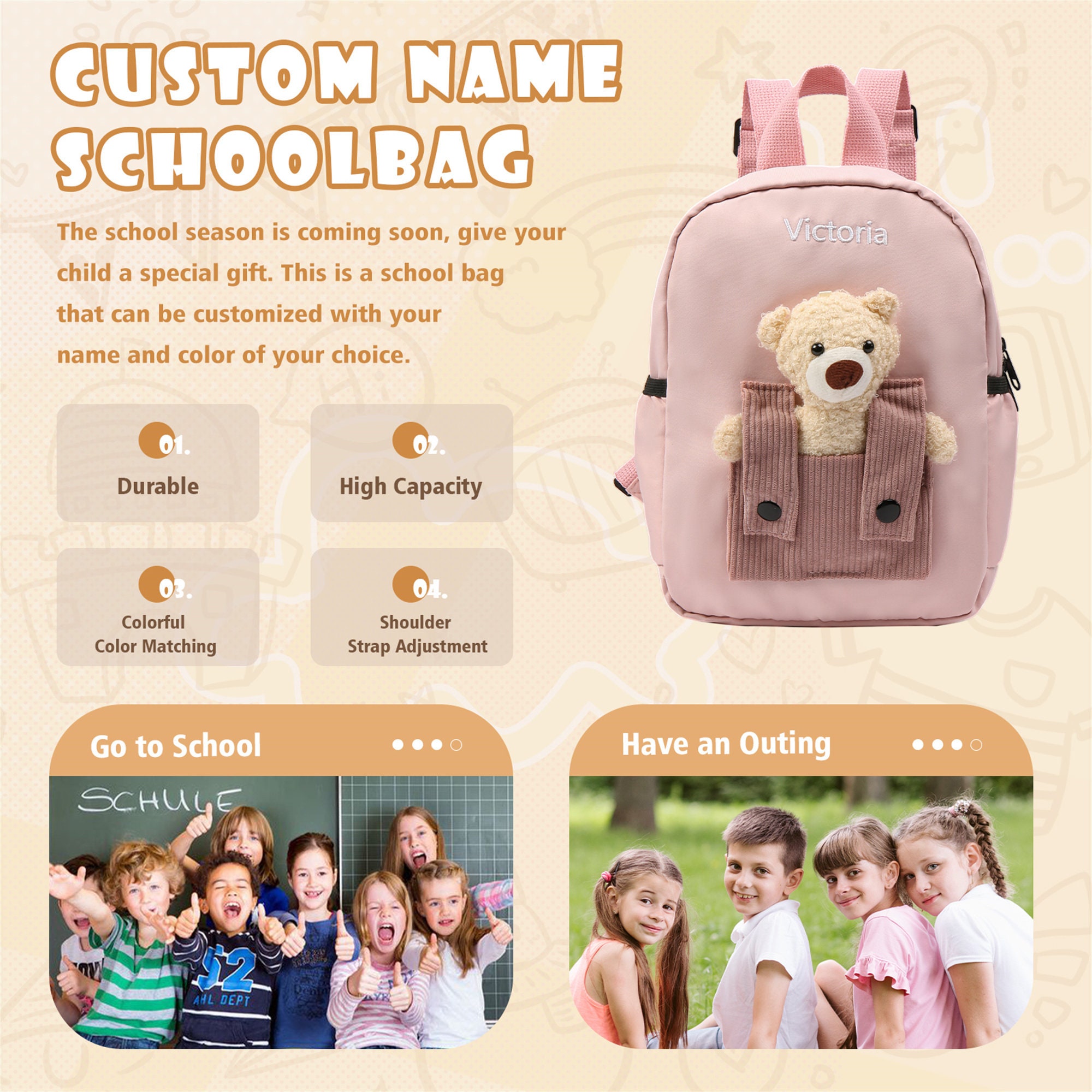 Personalized Kids School Bag,Custom Name Toddler Backpack,Embroidered Name Child Book Bag,Back to School Gift,Backpack for Students