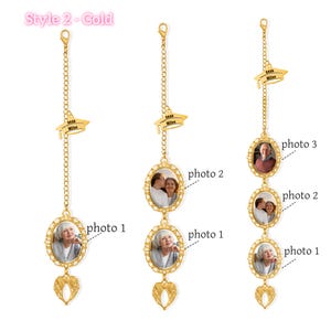 May include: Gold-colored photo charms with a graduation cap design and the text "2026 Miles." Each charm features oval frames holding photos and a decorative wing at the bottom. The charms hang from a chain.