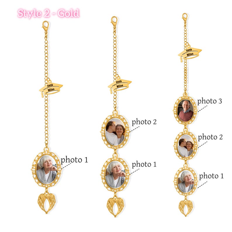 May include: Gold-colored photo charms with a graduation cap design and the text "2026 Miles." Each charm features oval frames holding photos and a decorative wing at the bottom. The charms hang from a chain.
