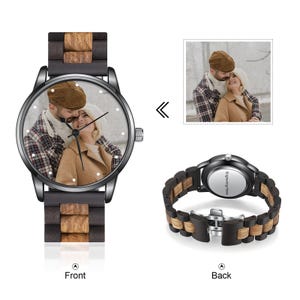 May include: A wristwatch with a dark metal case and a band featuring alternating dark and light wood links. The watch face displays a black and white photograph of a couple. The back of the watch case is silver and features the text Engraving Here.