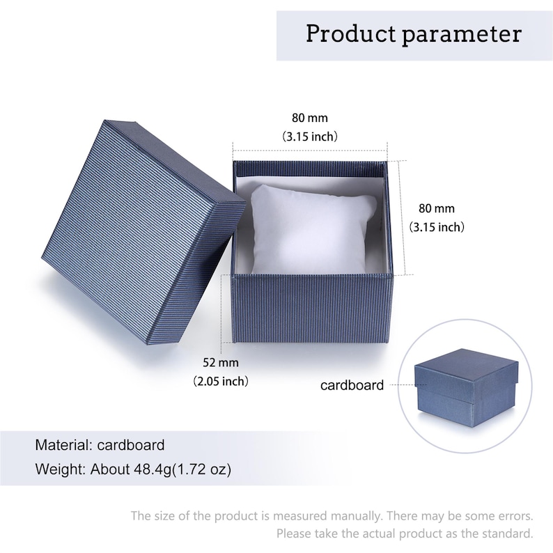 May include: A dark blue square cardboard gift box with a ribbed texture, featuring a white interior cushion. The box measures 3.15 inches by 3.15 inches by 2.05 inches. The text Product parameter and cardboard are visible in the image.