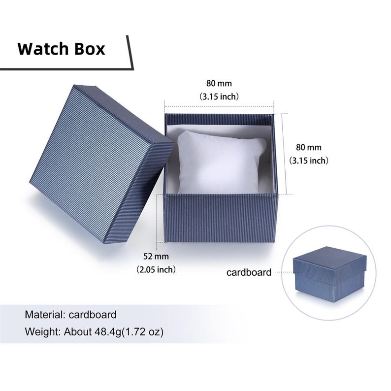 以下が含まれることがあります： 80 mm &times; 80 mm &times; 52 mm の寸法の青い厚紙製の腕時計ボックス。箱は厚紙製で、重さは 48.4 g です。