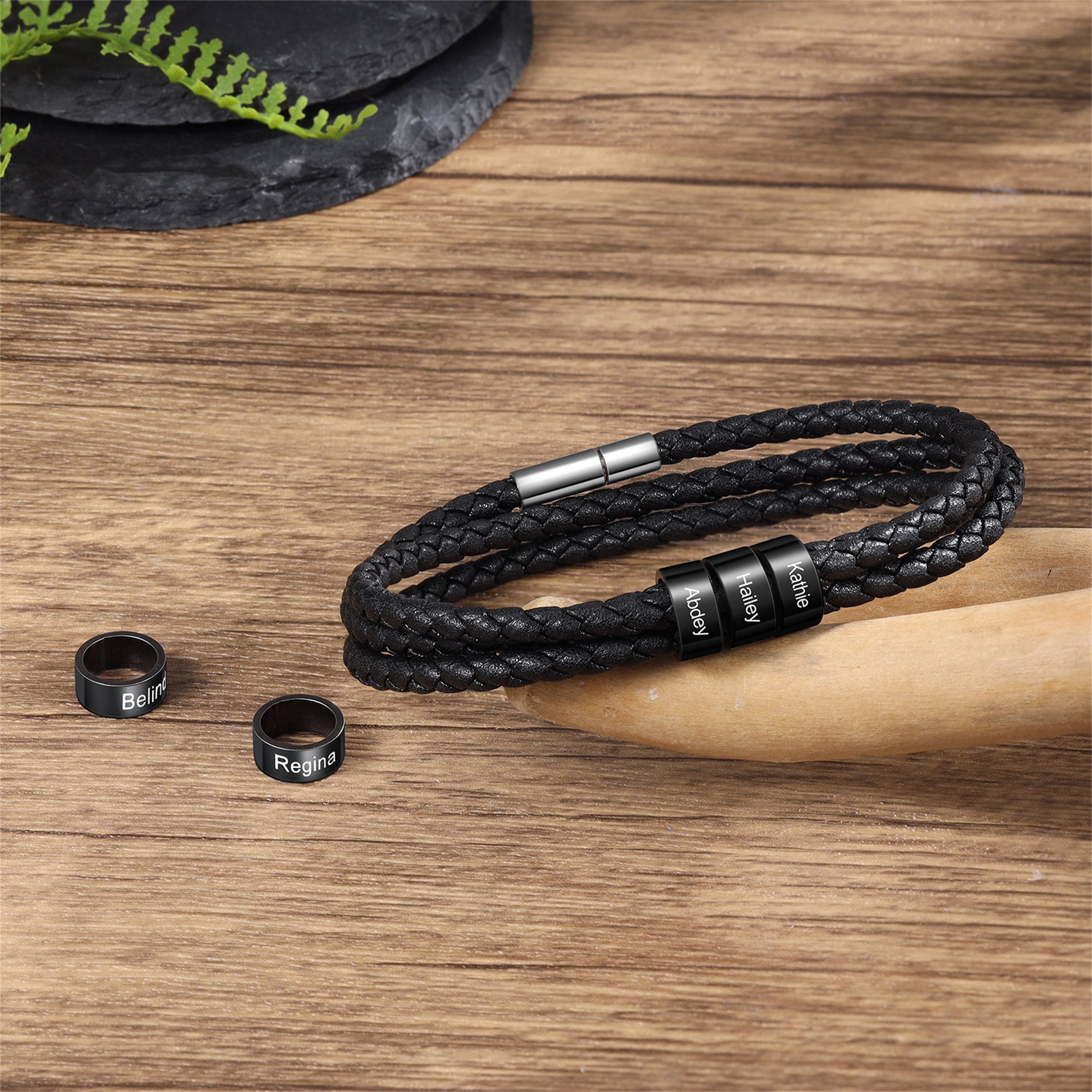 Personalized Leather Bracelet For Men - Custom Name Beads, Braided Black Bracelet Gift For Father