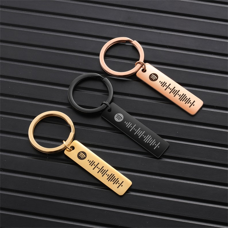 Pu&ograve; includere: Tre portachiavi con anelli metallici di diversi colori e un'etichetta rettangolare con un logo Spotify e un codice a barre. I portachiavi sono dorati, neri e oro rosa.
