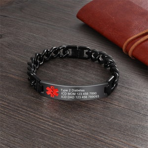 May include: Black chain bracelet with a medical alert tag. The tag has a red star of life symbol and the text "Type 2 Diabetes, ICD MOM 123 456 7890, ICD DAD 123 456 789093".