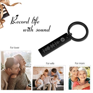 Pu&ograve; includere: Portachiavi in metallo nero con un'etichetta rettangolare incisa con un'onda sonora e il testo "Record life with sound". Il portachiavi &egrave; mostrato con tre diverse foto di famiglia.
