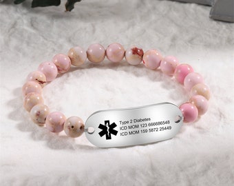 Personalisiertes medizinisches Alarmarmband für Frauen, medizinisches Armband mit Perlen, individuell graviertes Notfallarmband, Geschenk für Allergien und Diabetes